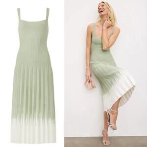 Staud Tie Dye Ellison Dress Sleeveless Pleated Midi A-Line Green & White XL